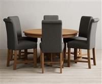 Hertford 120cm Fixed Top Solid Oak Dining Table with 6 Charcoal Grey Scroll Back Chairs