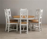 Extending Hertford 100cm - 130cm Oak and Signal White Painted Pedestal Dining Table with 4 Charcoal Grey Natural Solid Oak Chairs