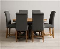 Extending Hertford 100cm - 130cm Oak and Charcoal Grey Painted Pedestal Dining Table with 6 Brown Scroll Back Chairs