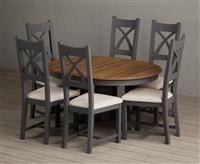 Extending Hertford 100cm - 130cm Oak and Charcoal Grey Painted Pedestal Dining Table with 6 Light Grey Painted Chairs
