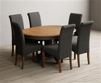 Extending Hertford 100cm - 130cm Oak and Charcoal Grey Painted Pedestal Dining Table with 6 Natural Scroll Back Chairs