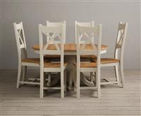 Extending Hertford 100cm - 130cm Oak and Cream Painted Pedestal Dining Table with 4 Light Grey Painted Chairs