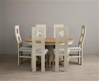 Extending Hertford 100cm - 130cm Oak and Cream Painted Pedestal Dining Table with 6 Light Grey Painted Chairs