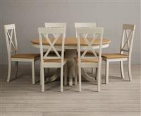 Extending Hertford 100cm - 130cm Oak and Cream Painted Pedestal Dining Table with 6 Light Grey Hertford Chairs