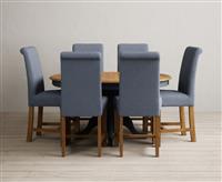 Extending Hertford 100cm - 130cm Oak and Dark Blue Painted Pedestal Dining Table with 4 Blue Scroll Back Chairs
