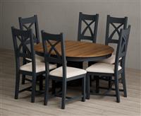 Extending Hertford 100cm - 130cm Oak and Dark Blue Painted Pedestal Dining Table with 6 Blue Painted Chairs