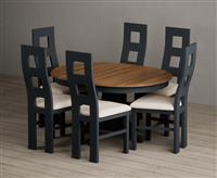 Extending Hertford 100cm - 130cm Oak and Dark Blue Painted Pedestal Dining Table with 4 Brown Painted Chairs