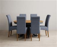 Extending Hertford 100cm - 130cm Oak and Dark Blue Painted Pedestal Dining Table with 6 Natural Scroll Back Chairs