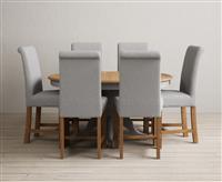 Extending Hertford 100cm - 130cm Oak and Light Grey Painted Pedestal Dining Table with 4 Natural Scroll Back Chairs