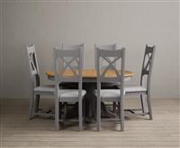 Extending Hertford 100cm - 130cm Oak and Light Grey Painted Pedestal Dining Table with 4 Brown Painted Chairs