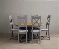 Extending Hertford 100cm - 130cm Oak and Light Grey Painted Pedestal Dining Table with 4 Light Grey Painted Chairs