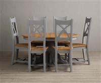 Extending Hertford 100cm - 130cm Oak and Light Grey Painted Pedestal Dining Table with 6 Light Grey Natural Solid Oak Chairs