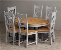 Extending Hertford 100cm - 130cm Oak and Light Grey Painted Pedestal Dining Table with 6 Light Grey Painted Chairs
