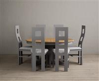 Extending Hertford 100cm - 130cm Oak and Light Grey Painted Pedestal Dining Table with 4 Linen Painted Chairs