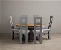 Extending Hertford 100cm - 130cm Oak and Light Grey Painted Pedestal Dining Table with 6 Linen Painted Chairs