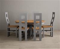 Extending Hertford 100cm - 130cm Oak and Light Grey Painted Pedestal Dining Table with 6 Blue Painted Chairs