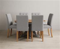Extending Hertford 100cm - 130cm Oak and Light Grey Painted Pedestal Dining Table with 6 Natural Isabella Chairs