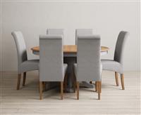 Extending Hertford 100cm - 130cm Oak and Light Grey Painted Pedestal Dining Table with 4 Grey Scroll Back Chairs
