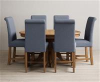 Extending Hertford 100cm - 130cm Solid Oak Pedestal Dining Table with 6 Blue Scroll Back Chairs