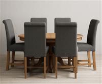Extending Hertford 100cm - 130cm Solid Oak Pedestal Dining Table with 6 Grey Scroll Back Chairs