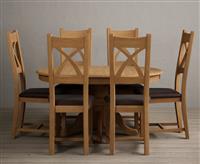Extending Hertford 100cm - 130cm Solid Oak Pedestal Dining Table with 6 Blue Natural Solid Oak Chairs