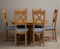 Extending Hertford 100cm - 130cm Solid Oak Pedestal Dining Table with 6 Blue Natural Solid Oak Chairs