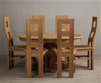 Extending Hertford 100cm - 130cm Solid Oak Pedestal Dining Table with 6 Blue Natural Chairs