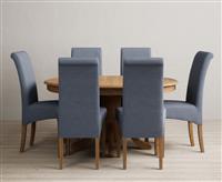 Extending Hertford 100cm - 130cm Solid Oak Pedestal Dining Table with 6 Blue Scroll Back Chairs