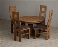 Extending Hertford 100cm - 130cm Rustic Oak Pedestal Dining Table with 6 Blue Rustic Solid Oak Chairs