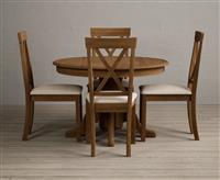 Extending Hertford 100cm - 130cm Rustic Oak Pedestal Dining Table with 4 Blue Hertford Chairs
