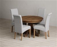 Extending Hertford 100cm - 130cm Rustic Oak Pedestal Dining Table with 4 Grey Scroll Back Chairs