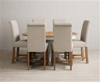 Extending Hertford 100cm - 130cm Oak and Signal White Painted Pedestal Dining Table with 4 Brown Scroll Back Chairs