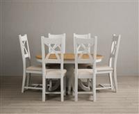 Extending Hertford 100cm - 130cm Oak and Signal White Painted Pedestal Dining Table with 4 Light Grey Painted Chairs