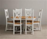 Extending Hertford 100cm - 130cm Oak and Signal White Painted Pedestal Dining Table with 6 Brown Painted Chairs