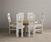 Extending Hertford 100cm - 130cm Oak and Signal White Painted Pedestal Dining Table with 4 Blue Painted Chairs