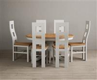 Extending Hertford 100cm - 130cm Oak and Signal White Painted Pedestal Dining Table with 6 Light Grey Painted Chairs