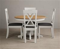 Hertford Oak and Signal White Painted Pedestal Extending Dining Table With 4 Blue Hertford Chairs