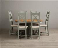 Extending Hertford 100cm - 130cm Oak and Soft Green Painted Pedestal Dining Table with 6 Charcoal Grey Painted Chairs