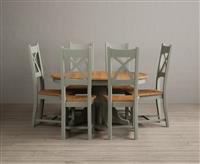 Extending Hertford 100cm - 130cm Oak and Soft Green Painted Pedestal Dining Table with 6 Linen Painted Chairs