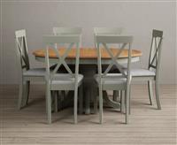 Extending Hertford 100cm - 130cm Oak and Soft Green Painted Pedestal Dining Table with 6 Light Grey Hertford Chairs