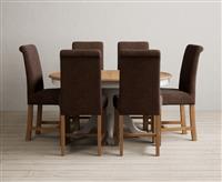 Extending Hertford 100cm - 130cm Oak and Soft White Painted Pedestal Dining Table with 6 Blue Scroll Back Chairs