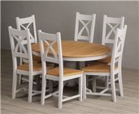 Extending Hertford 100cm - 130cm Oak and Soft White Painted Pedestal Dining Table with 6 Brown Painted Chairs