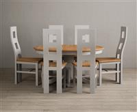 Extending Hertford 100cm - 130cm Oak and Soft White Painted Pedestal Dining Table with 4 Blue Painted Chairs