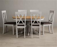 Extending Hertford 100cm - 130cm Oak and Soft White Painted Pedestal Dining Table with 6 Blue Hertford Chairs