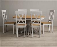Extending Hertford 100cm - 130cm Oak and Soft White Painted Pedestal Dining Table with 6 Brown Hertford Chairs