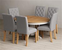 Extending Hertford 100cm - 130cm Oak and Soft White Painted Pedestal Dining Table with 6 Natural Isabella Chairs