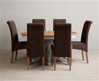 Extending Hertford 100cm - 130cm Oak and Soft White Painted Pedestal Dining Table with 6 Charcoal Grey Scroll Back Chairs