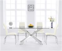 Canova 160cm Glass Dining Table with 4 White Marco Chairs