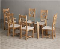 Lakelyn 180cm Solid Oak and Glass Dining Table with 8 Linen Natural Solid Oak Chairs