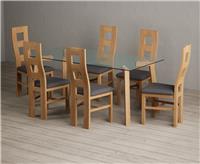 Lakelyn 180cm Solid Oak and Glass Dining Table with 8 Blue Natural Chairs